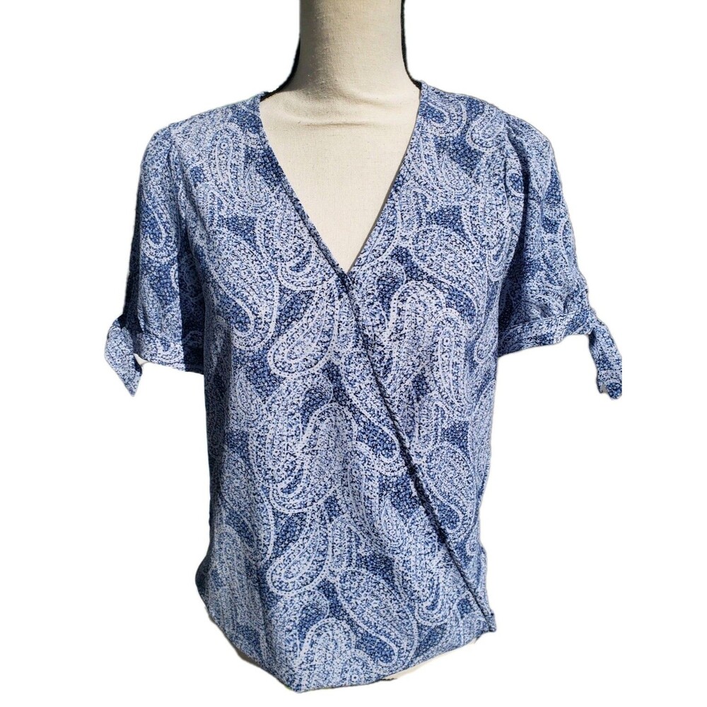 Michael Kors Women's Blue Paisley Wrap Top Size XS V-Neck Tie Sleeve Snap Close